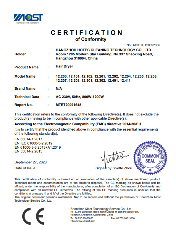 certification of conformity hair dryer